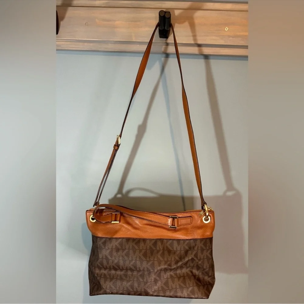 MK Brown Leather Mira Monogram Satchel Crossbody Bag with Detachable Wallet RARE